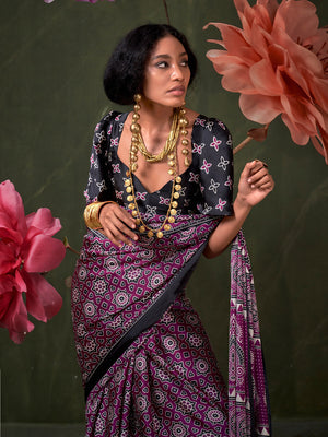 Purple Printed Ajarakh - Satin Crepe Saree With Blouse Piece