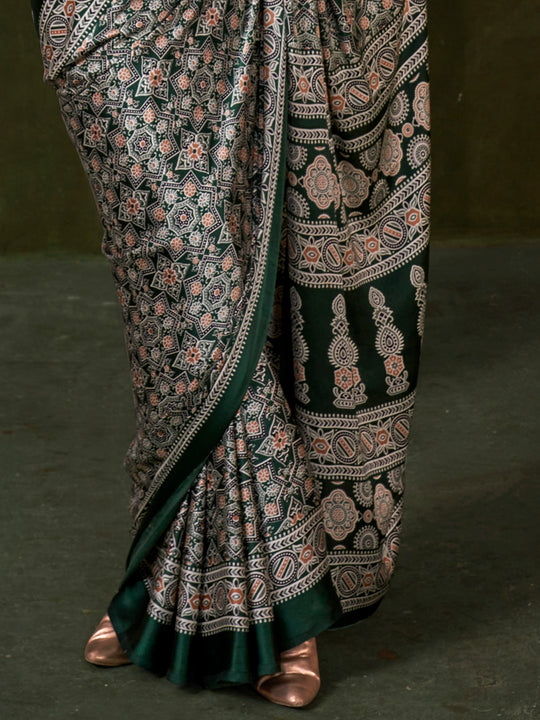 Green Printed Ajarakh - Satin Crepe Saree With Blouse Piece
