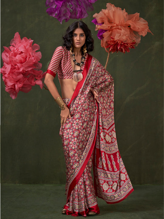 Orange Printed Ajarakh - Satin Crepe Saree With Blouse Piece