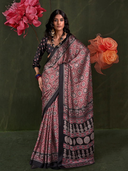 Red Printed Ajarakh - Satin Crepe Saree With Blouse Piece