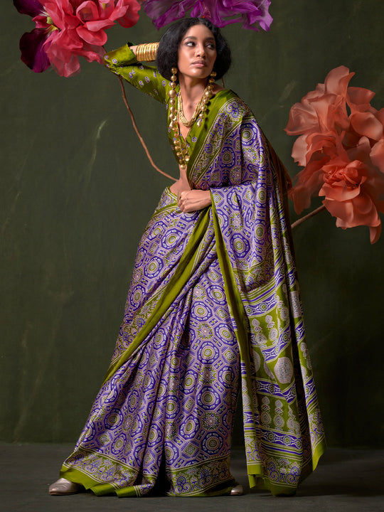Wine-Green Printed Ajarakh - Satin Crepe Saree With Blouse Piece