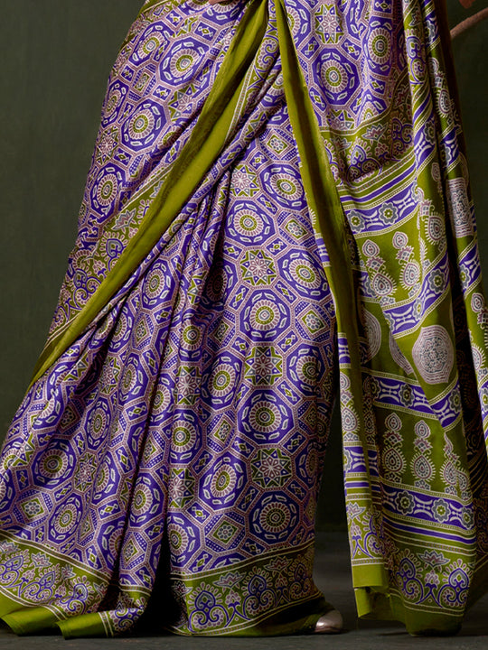Wine-Green Printed Ajarakh - Satin Crepe Saree With Blouse Piece