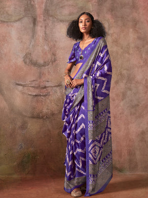 Purple Ajarakh Print Satin Georgette Saree With Blouse Piece