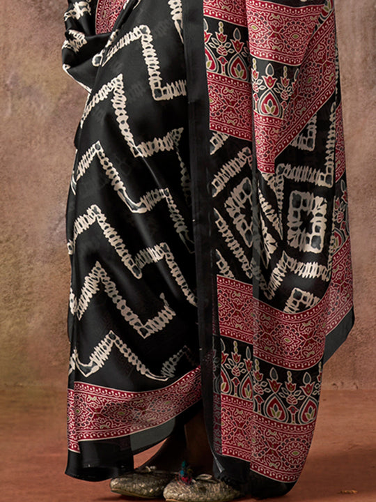 Black Ajarakh Print Satin Georgette Saree With Blouse Piece