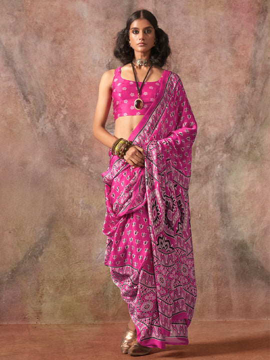Rani Pink Ajarakh Print Satin Georgette Saree With Blouse Piece