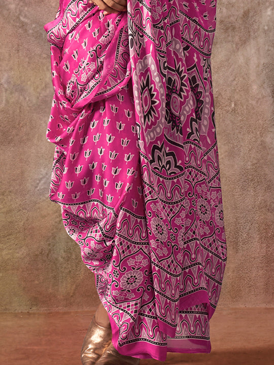Rani Pink Ajarakh Print Satin Georgette Saree With Blouse Piece