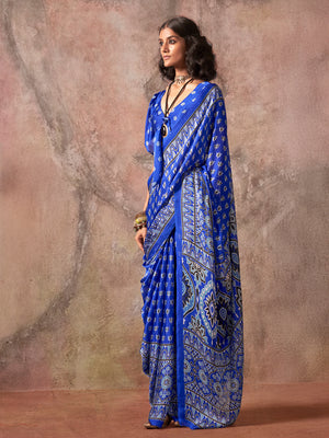 Blue Ajarakh Print Satin Georgette Saree With Blouse Piece