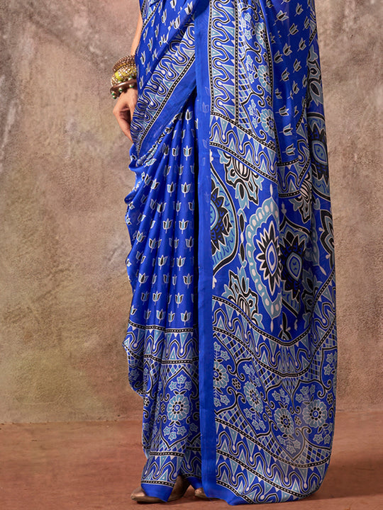 Blue Ajarakh Print Satin Georgette Saree With Blouse Piece