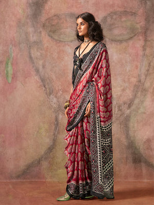 Red Ajarakh Print Satin Georgette Saree With Blouse Piece