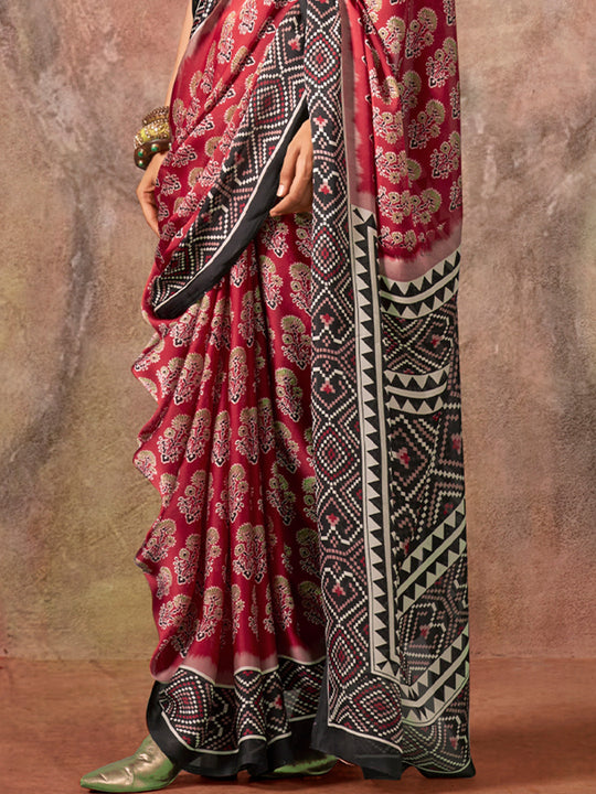 Red Ajarakh Print Satin Georgette Saree With Blouse Piece