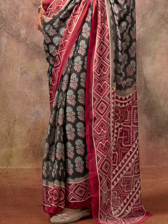 Black Ajarakh Print Satin Georgette Saree With Blouse Piece