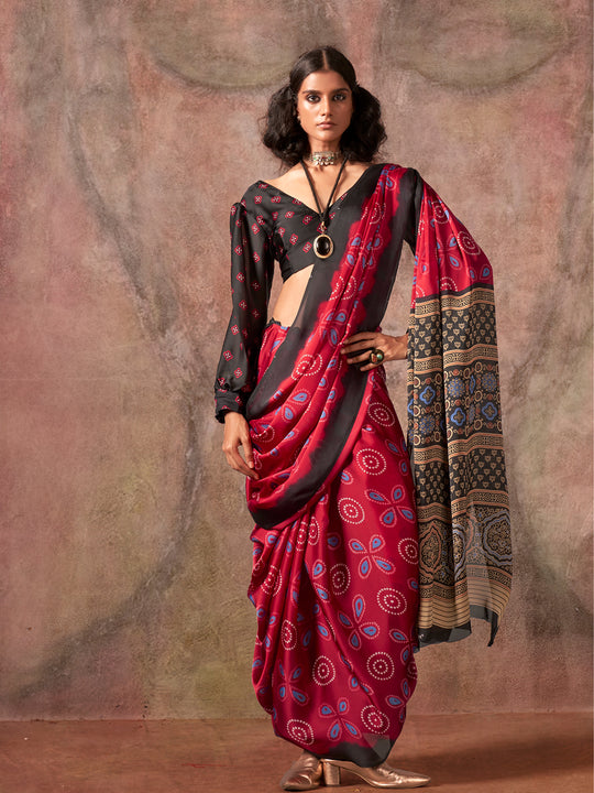 Deep Red Ajarakh Print Satin Georgette Saree With Blouse Piece