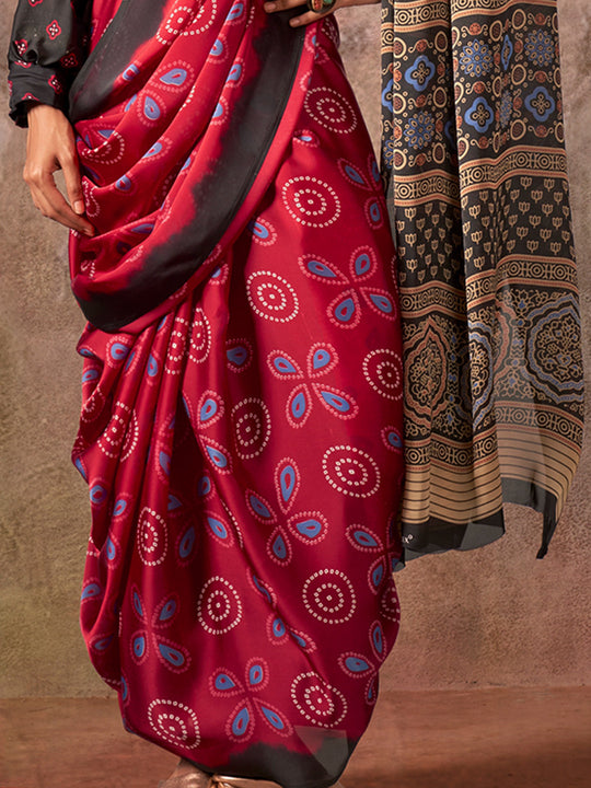 Deep Red Ajarakh Print Satin Georgette Saree With Blouse Piece