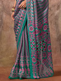 Rama Green Ajarakh Print Satin Georgette Saree With Blouse Piece