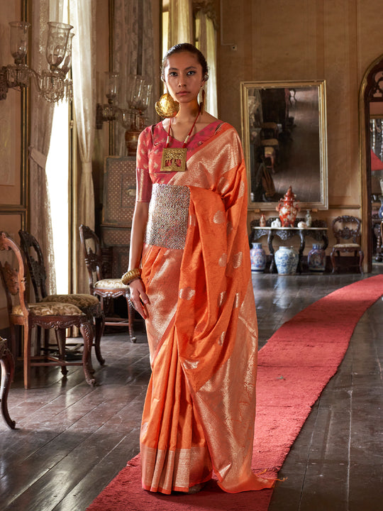 Orange Two-Tone Handloom Weaving Silk Saree With Blouse Piece