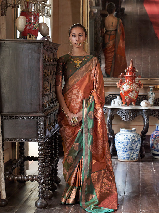 Rust Orange Pure Silk Pochampally Weaving Saree With Blouse Piece
