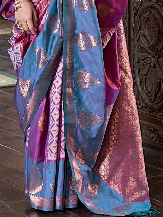 Berry Pink Pure Silk Pochampally Weaving Saree With Blouse Piece