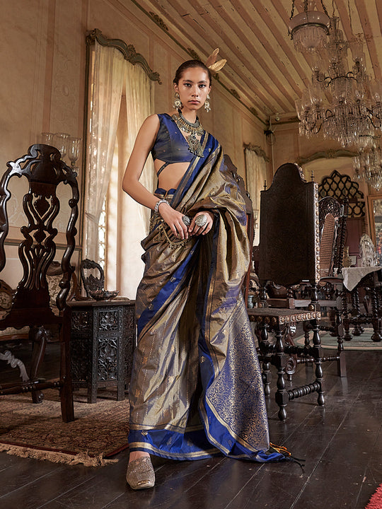 Copper  Tussar Silk Handloom Weaving Saree With Blouse Piece
