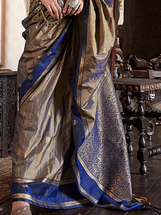 Copper  Tussar Silk Handloom Weaving Saree With Blouse Piece