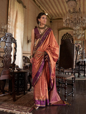Coral  Tussar Silk Handloom Weaving Saree With Blouse Piece