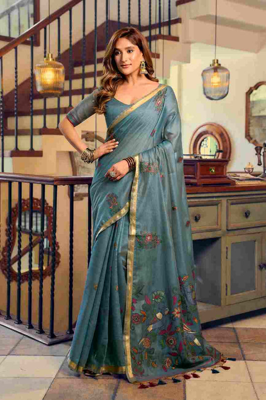 Blue Cotton Saree With Blouse Piece