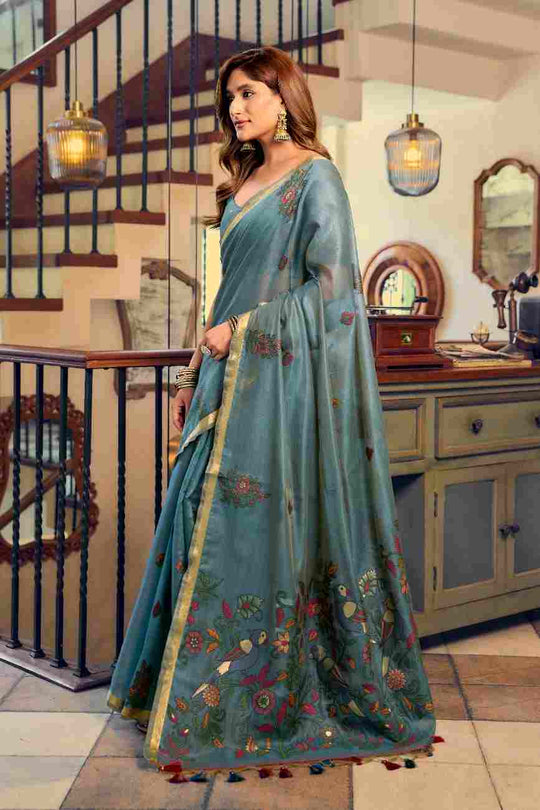 Blue Cotton Saree With Blouse Piece