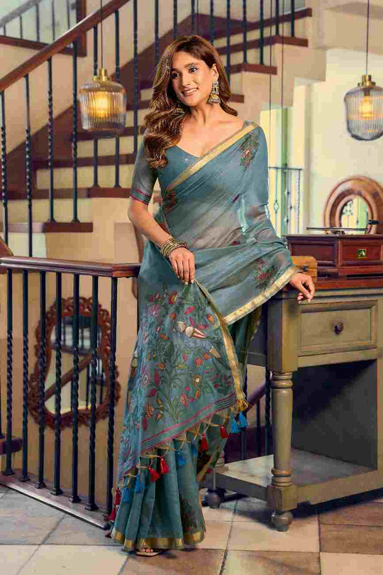 Blue Cotton Saree With Blouse Piece