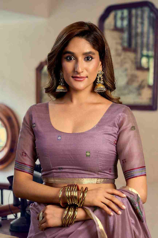 Mauve & Lavender Cotton Saree With Blouse Piece