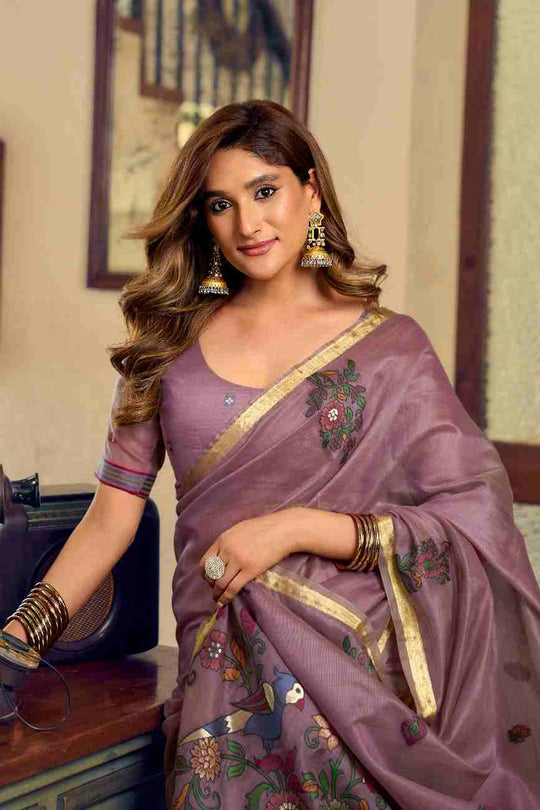 Mauve & Lavender Cotton Saree With Blouse Piece