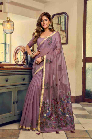 Mauve & Lavender Cotton Saree With Blouse Piece
