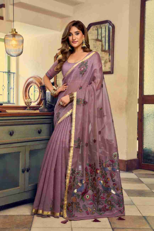 Mauve & Lavender Cotton Saree With Blouse Piece