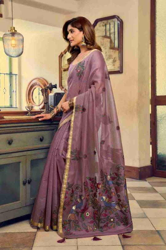 Mauve & Lavender Cotton Saree With Blouse Piece