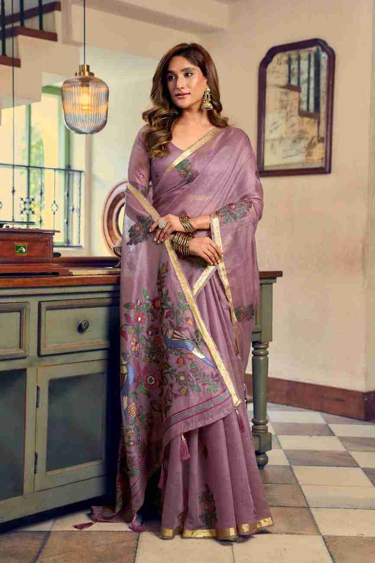 Mauve & Lavender Cotton Saree With Blouse Piece