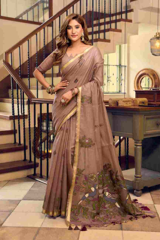 Light Brown Cotton Saree With Blouse Piece