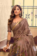 Light Brown Cotton Saree With Blouse Piece