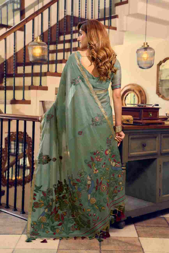 Green Cotton Saree With Blouse Piece