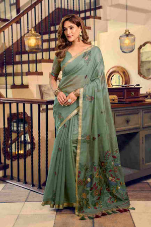 Green Cotton Saree With Blouse Piece