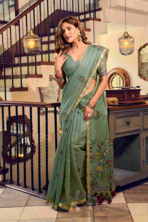 Green Cotton Saree With Blouse Piece