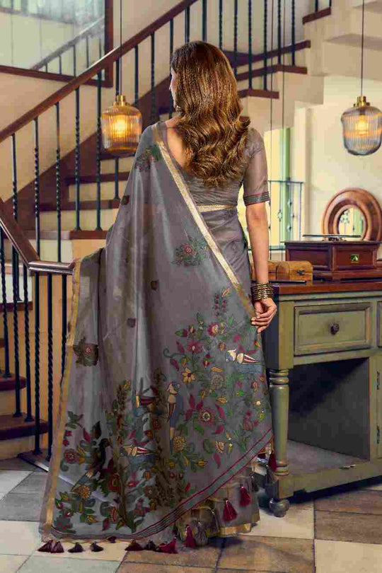 Grey Cotton Saree With Blouse Piece