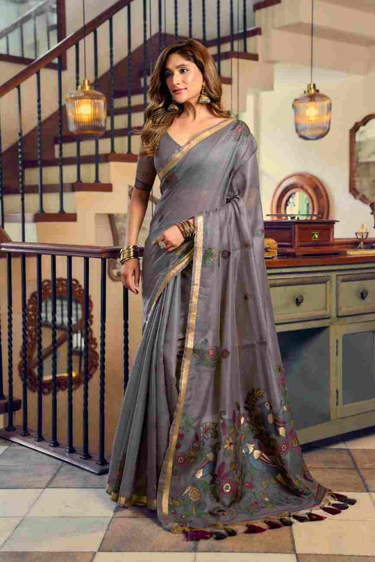 Grey Cotton Saree With Blouse Piece
