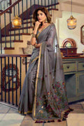 Grey Cotton Saree With Blouse Piece