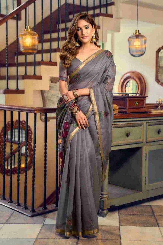 Grey Cotton Saree With Blouse Piece