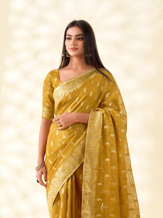 Soft Tissue Linen With Big Jacquard Pallu Handloom Silk Saree