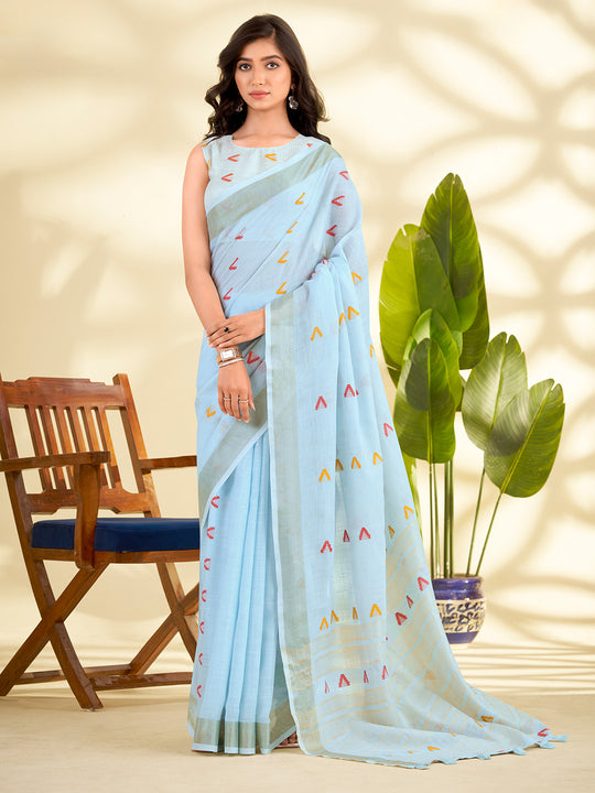 Sky Blue Linen Silk With Zari Border Saree With Blouse Piece