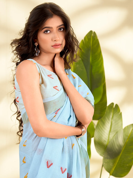 Sky Blue Linen Silk With Zari Border Saree With Blouse Piece