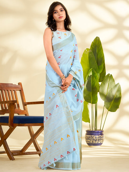 Sky Blue Linen Silk With Zari Border Saree With Blouse Piece