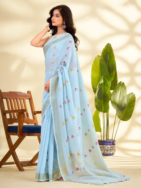 Sky Blue Linen Silk With Zari Border Saree With Blouse Piece