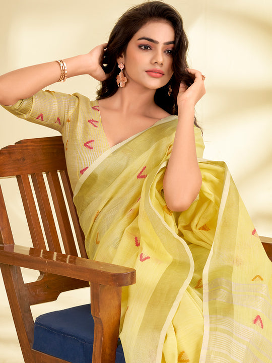 Yellow Linen Silk With Zari Border Saree With Blouse Piece