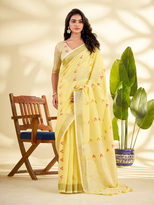 Yellow Linen Silk With Zari Border Saree With Blouse Piece