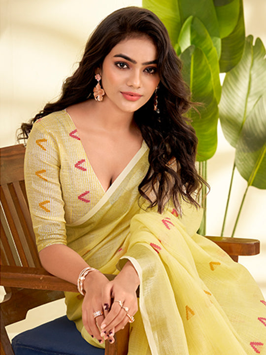 Yellow Linen Silk With Zari Border Saree With Blouse Piece
